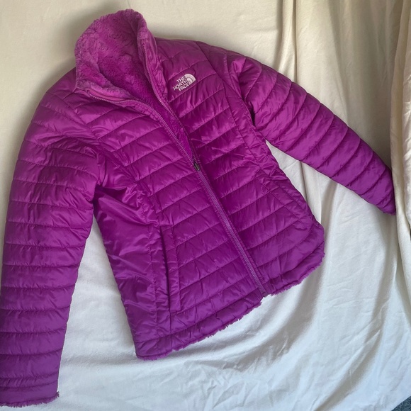 North Face Girls Reversible Mossbud Puffer Fleece Jacket Pink-Purple 14-16 Large - Picture 1 of 4